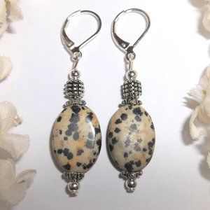 Dalmation Jasper Beaded Earrings Dangle Drop Silver Lever Back Set Pair NWT 7121